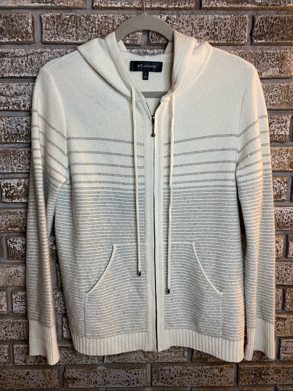 St. John Men's Cream Zip-Up Hooded Sweater with Subtle Stripe